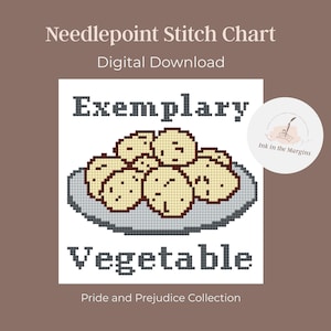 May include: Digital needlepoint stitch chart with the words "Exemplary Vegetable" above a pixelated image of vegetables on a plate. The text "Pride and Prejudice Collection" is at the bottom.