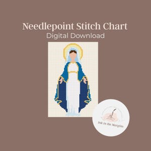 Puede incluir: Descarga digital de un gráfico de punto de cruz que presenta una imagen estilizada de una figura religiosa con una capa azul y un vestido blanco. El texto "Needlepoint Stitch Chart Digital Download" está en la parte superior de la imagen.