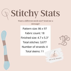 May include: A light beige graphic with the text "Stitchy Stats" and detailed cross-stitch project information. The finished size is 4.7 x 5.3 inches. Includes a teal thread and a pen and ink logo.