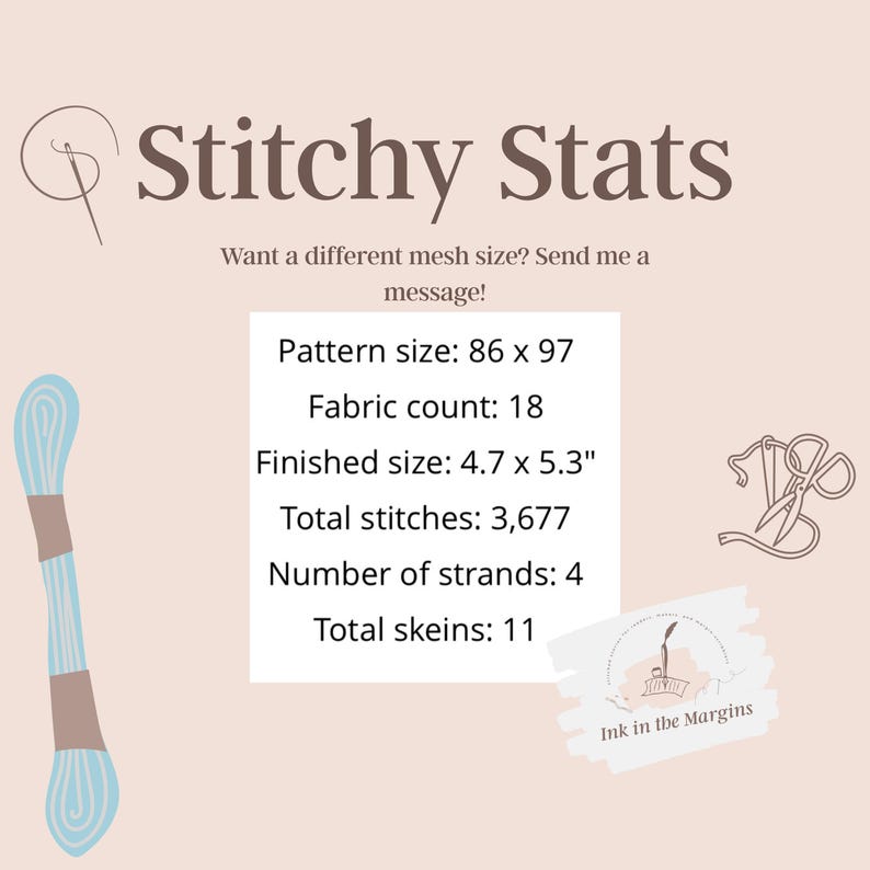May include: A light beige graphic with the text "Stitchy Stats" and detailed cross-stitch project information. The finished size is 4.7 x 5.3 inches. Includes a teal thread and a pen and ink logo.
