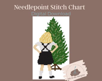 May include: Needlepoint stitch chart digital download featuring a pixelated image of a person in a black dress and a Christmas tree. The text "Needlepoint Stitch Chart Digital Download" is at the top of the image. The image also includes the text "Ink in the Margins" and the Instagram handle @Ink_inthemargins.