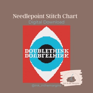 May include: Needlepoint stitch chart digital download featuring a red background with a white and blue eye-shaped design. The word "DOUBLETHINK" is displayed in white. The image includes the text "Ink in the Margins" and an Instagram handle.