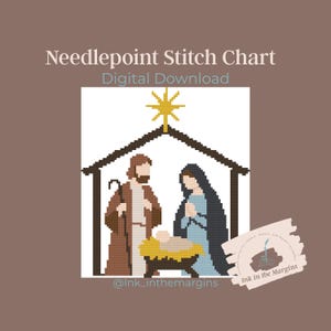 May include: Digital needlepoint stitch chart featuring a nativity scene. The image shows Joseph, Mary, and baby Jesus in a stable, with a star above. The text "Needlepoint Stitch Chart Digital Download" is at the top.