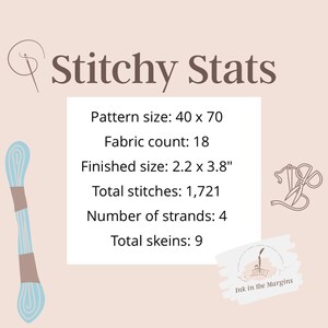 May include: A light pink graphic with the text "Stitchy Stats" and details for a cross-stitch project. The finished size is 2.2 x 3.8 inches. Includes a skein of light blue thread and a logo for "Ink in the Margins."