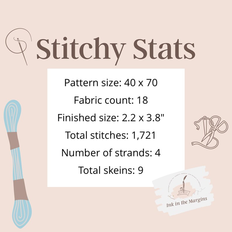 May include: A light pink graphic with the text "Stitchy Stats" and details for a cross-stitch project. The finished size is 2.2 x 3.8 inches. Includes a skein of light blue thread and a logo for "Ink in the Margins."