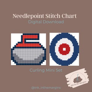May include: Digital needlepoint stitch chart featuring a curling mini set. The set includes a pixelated curling stone with red and blue accents, and a target with red, white, and blue concentric circles. The text "Curling Mini Set" is below the images.