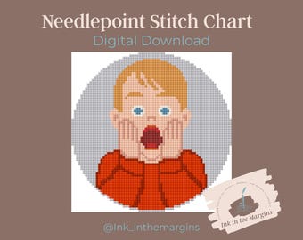 May include: Digital download of a needlepoint stitch chart featuring a pixelated image of a surprised person with hands on their cheeks and mouth open. The image is in a gray circle, with text above and below.