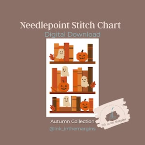 May include: Needlepoint stitch chart digital download featuring a pixelated design of bookshelves decorated for autumn. The shelves display books, jack-o'-lanterns, ghosts, and fall leaves. The text "Autumn Collection" and the Instagram handle "@Ink_inthemargins" are also visible.