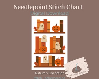 Autumn Ghost and Pumpkin Bookshelf Needlepoint Chart | Instant Download/PDF Chart