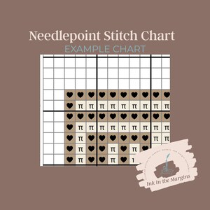 May include: A needlepoint stitch chart with the text "Needlepoint Stitch Chart EXAMPLE CHART". The chart features a grid pattern with black hearts and the Greek letter pi in a tan and white color scheme.