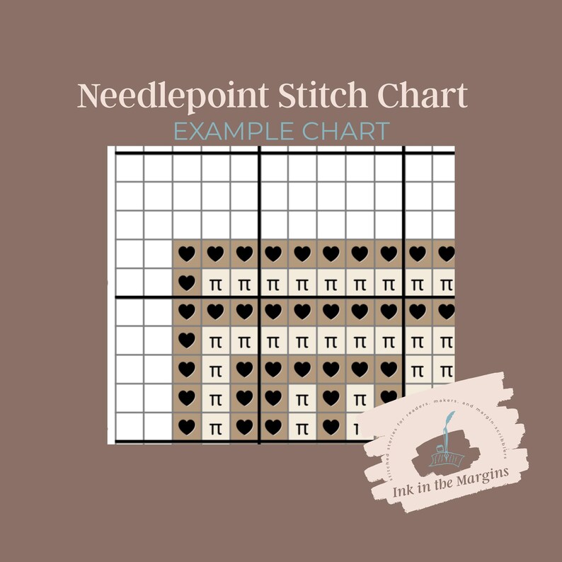 May include: A needlepoint stitch chart with the text "Needlepoint Stitch Chart EXAMPLE CHART". The chart features a grid pattern with black hearts and the Greek letter pi in a tan and white color scheme.