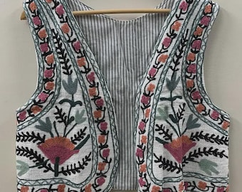 Suzani Embroidered Cotton Vest | Boho Floral Waistcoat | Open Front Vest | Hippie V-Neck Vest with Pockets | Unisex Waistcoat | Gift for Her
