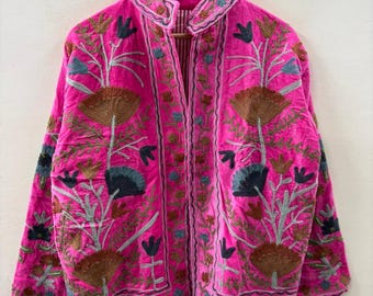 Handmade Pink Velvet Suzani Jacket | Embroidered Boho Coat