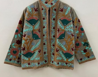 Handmade Velvet Suzani Embroidered Jacket | Statement Festival Jacket | Boho Floral Velvet Outerwear | Winter Warmed Coat | Gift For Her