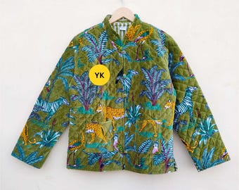 Green Jungle Print  Velvet Short Jacket | Reversible Winter Fashion | Unisex Winter Jacket Coat | Fall Boho Style | Ethnic Women Wear Jacket