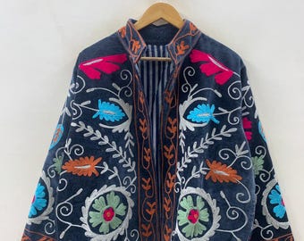 Indian Suzani Embroidery Jacket Floral Coat | Winter Suzani Jacket | Velvet Kimono Coat | Suzani Coat |  Outerwear | Gift For Her