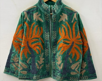 Hand Embroidered Floral Velvet Short Jacket | Statement Outerwear Coat | Artistic Clothing Unisex Jacket | Gift For Wife| Bridal Boho Jacket