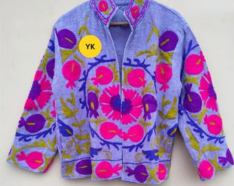 Suzani Short TNT Floral Jacket Embroidery Bomber Coat | Cropped Jacket with Pockets| Travel Jacket |Long Sleeve Jacket |Thanksgiving Outfit