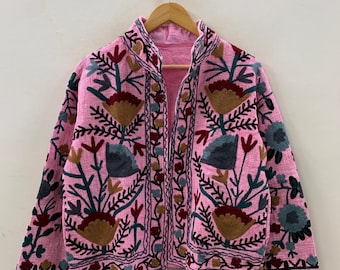 Embroidered Suzani Jacket Jaipur Pink Cotton Lining Free Size | TNT Coat Winter Jacket | Handmade Short Festival Coat | Gift For Her