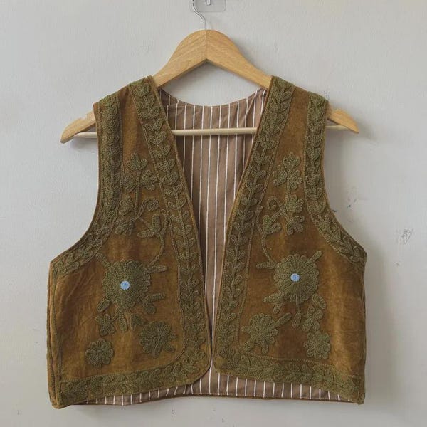Hand Embroidered Velvet Suzani Vest | Boho Sleeveless Jacket, Bohemian Outerwear