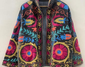 Boho Suzani Velvet Hand Embroidered Floral Jacket | Velvet Suzani Embroidered Jacket | Boho Open Front Coat | Gift For Her