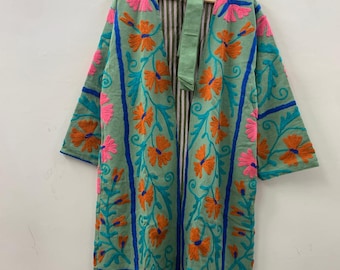 Handmade Suzani Cotton Kimono Robe | Embroidered Uzbek Textile Boho Jacket
