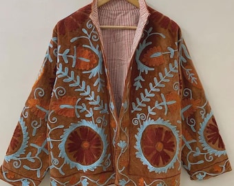 Brown  Suzani Embroidered Velvet Short Jacket | Winter Warm Coat  | Vintage Ethnic Jacket | Gift For Her |Boho  Coat | Gift For Women