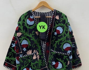 Vintage Velvet Suzani Short Jacket |Embroidered Kimono with Pocket |Reversible Kimono | Boho Open Coat |Free Size Kimono |Gift for Her