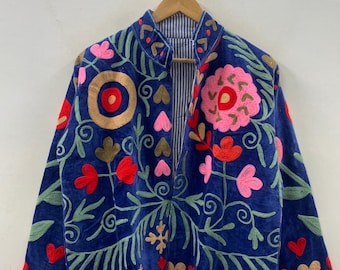 Boho Suzani Velvet Hand Embroidered Floral Jacket | Duster Bohemian Outerwear | Artisan Statement Jacket | Festival Fashion Coat | One Size
