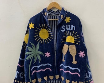 Chaqueta de terciopelo Suzani bohemia hecha a mano con bordado tradicional de sol y luna / Regalo para ella / Chaqueta de invierno unisex / Ropa de abrigo de transición
