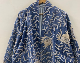 Velvet Suzani Embroidered Velvet Short Kimono With Pocket | Ethnic Velvet Jacket | Suzani Jacket | Boho Hippie Coat | Gift For Her