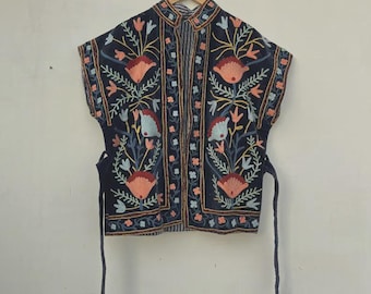 Black Velvet Embroidered Suzani Vest | Boho Statement Jacket
