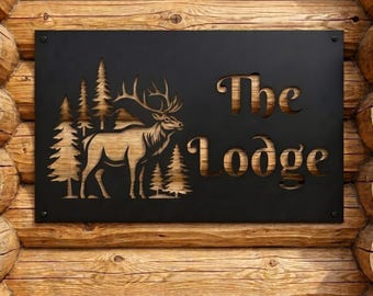 Custom Cabin Elk Metal Sign | Personalized Family Cabin Name Sign, Forest Outdoor Yard Decor