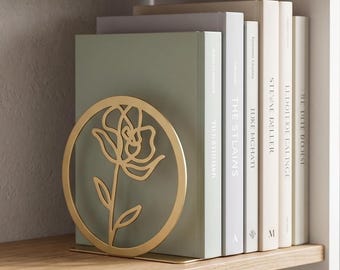 Minimalist Metal Rose Bookends, Modern Bookshelf Decor, Floral Book Holders, Home Office Decor, Housewarming Gift