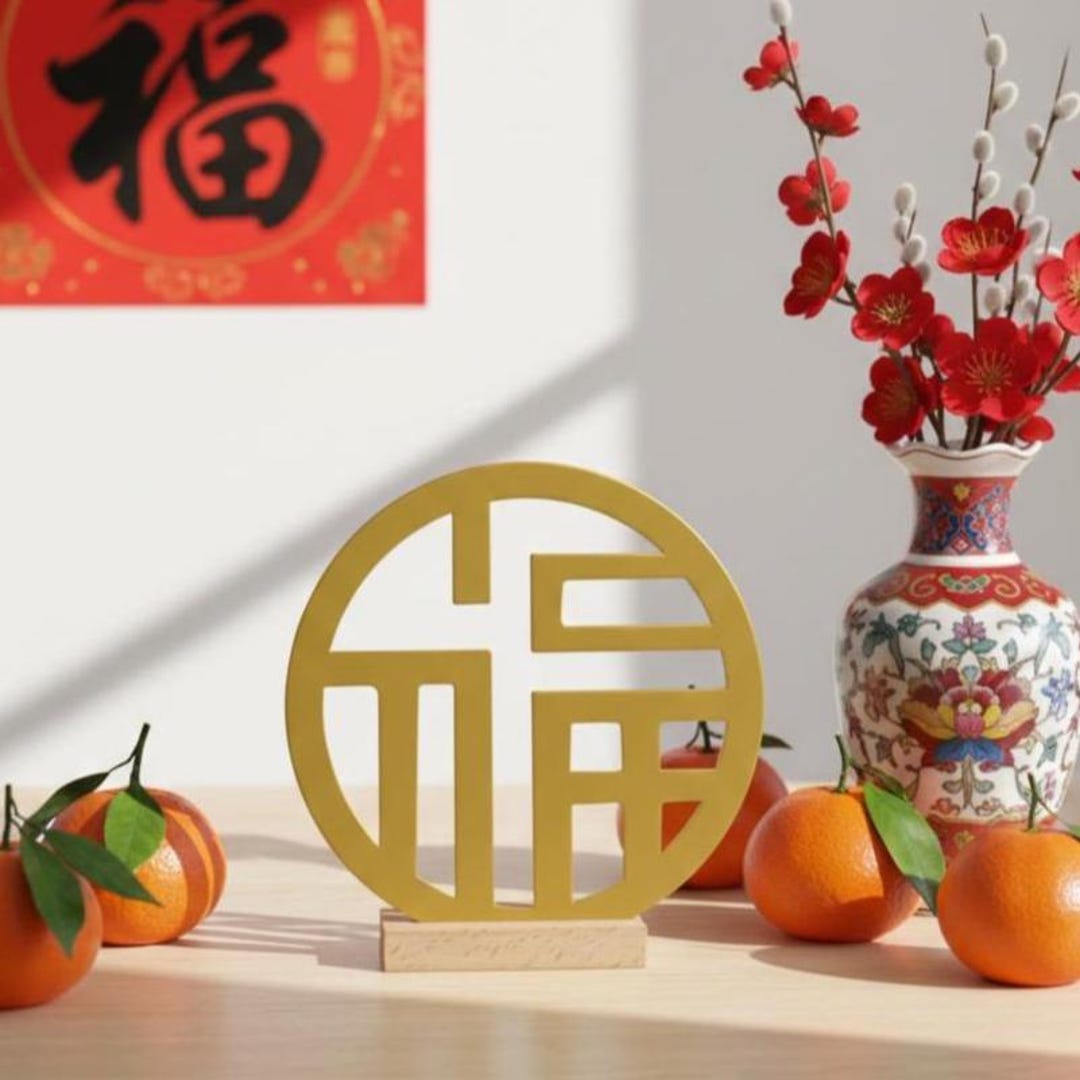 Gold Chinese 福 Symbol Metal Wall Decor: Minimalist Feng Shui Art ...