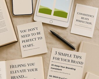 May include: A flat lay featuring a smartphone, tablet, books, and cards with text. The smartphone displays "NEW POST". The tablet shows a "BEFORE & AFTER" graphic. Cards read "Consistency beats perfection" and "You don't need to be perfect to start."