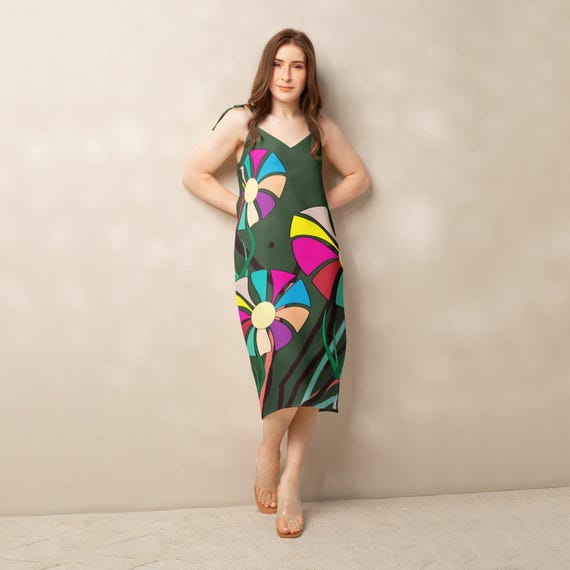 Floral Tie-Strap Midi Dress: Abstract Green Chiffon, Built-in Bra