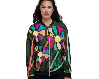 Abstract Floral Back Print Bomber Jacket: Unisex Artistic Fashion