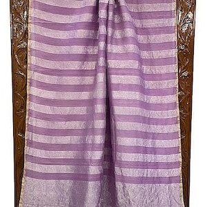 Pure Moonga Silk Saree with Lavender Stripes | Handloom Indian Saree with Metallic Stripe for Women, Festive Wedding Ethnic Wear