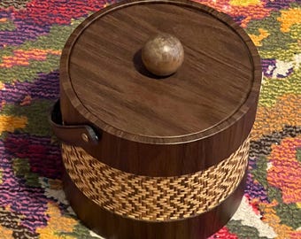 Vintage MCM Faux Wood and Rattan Ice Bucket