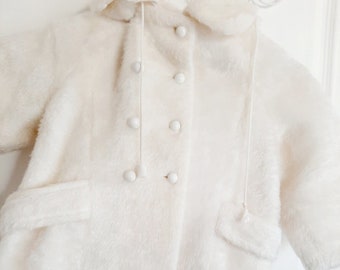 Vintage hooded jacket winter coat White Fuzzy fluffy double breasted buttons Celma 1960s toddler size 2 Made in Melbourne