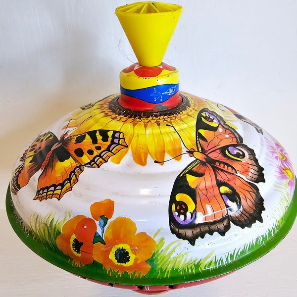 Vintage LBZ west Germany Tin Litho spinning top butterfly tin enamel nursery decor twirling toy