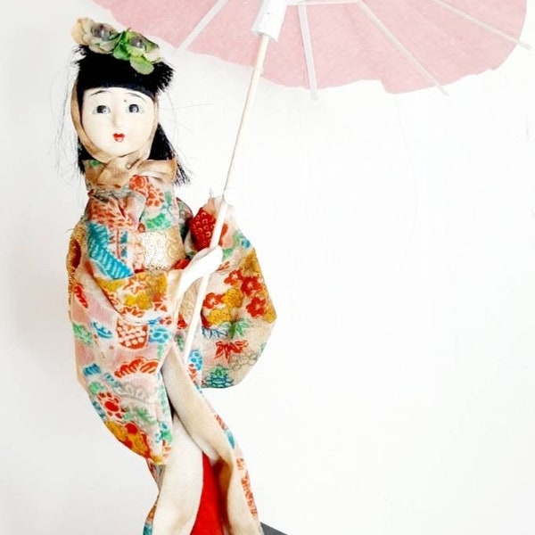 Vintage Japanese Geisha Maiko girl dressed traditional Silk Kimono with Parasol hand painted on wooden stand obi