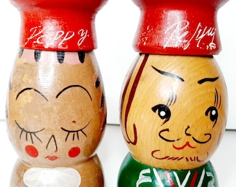 Vintage Kitsch Wooden Japan Salty and Peppy salt shaker pepper couple husband Wife  hand painted chefs hat kitchen decor Anthropomorphic