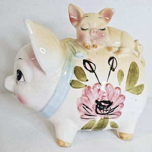 Vintage porcelain Mother Pig and Piglet money box piggy bank big eyes kitsch nursery decor 1960s Japan hand painted