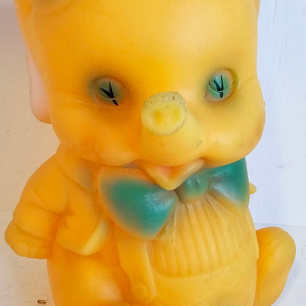 Vintage Mobley squeak toy elephant Yellow Baby Overalls Jacket Blue Bowtie Hat nursery decor  Kitsch blow mold rubber toy