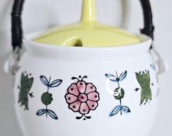 Vintage sugar bowl with yellow lid mid century hand painted floral cane handle kitchen decor Glazed Porcelain made in Japan