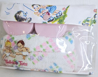 Vintage Twinkle Tots Nursery Baby changing nappy Diaper gift set pouch wash cloths canisters kitsch graphics nursery kitsch decor