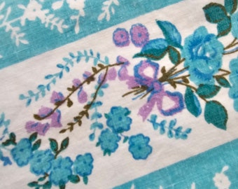 Vintage All cotton Pastel Blue Floral Roses flat Single sheet Bedding fabric sewing supply cottage core 1970s Lot of 2