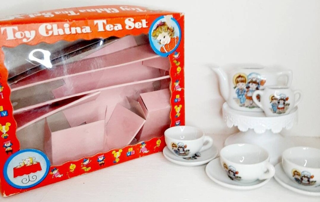 Vintage 1960s China Toy Tea Set Miniature Play Kitchen Tea Pot Cups